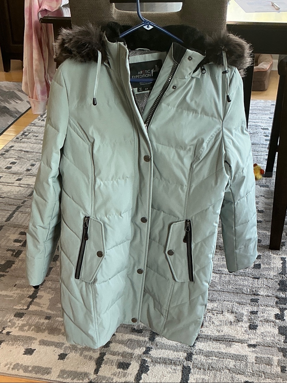 Women's Mint Puffer Coat with Faux Fur Hood